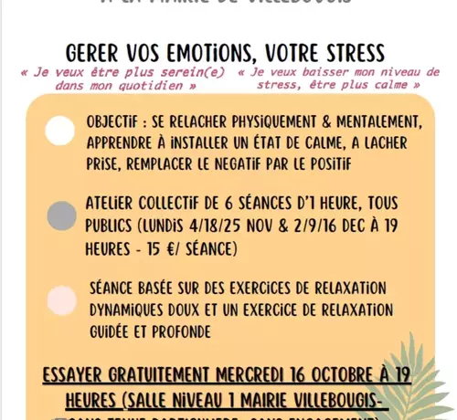 Atelier découverte de sophrologie, mercredi 16 octobre 2024, à partir de 19h00, sans engagement.